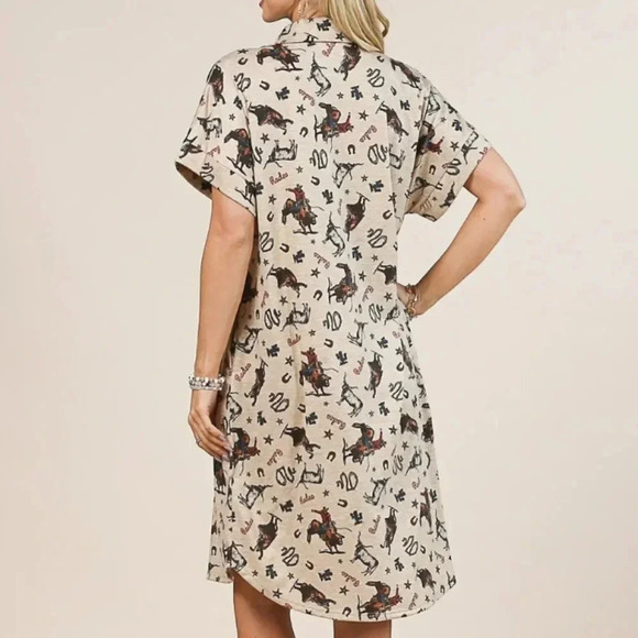New! Cowboy Rodeo Western Print Button Down Short Sleeve Dress - Picture 3 of 5